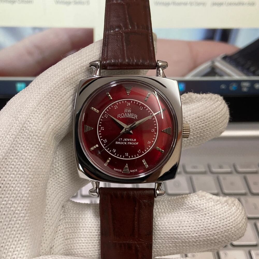 Vintage 1979 Roamer Manual Mens Silver Watch W/Leather Strap & Red accents